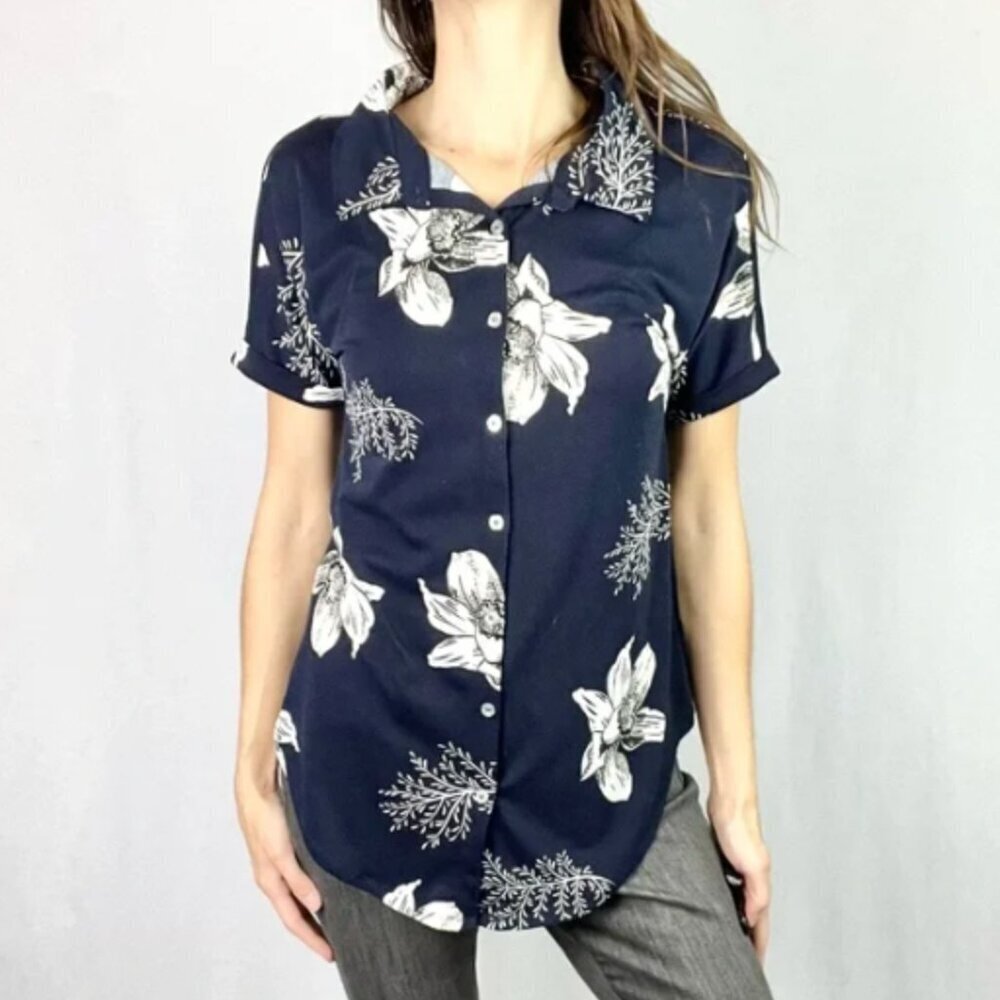LULAROE Blue & White Hawaiian Floral Print Button Down Shirt S #159Q‎